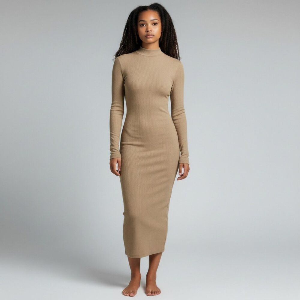 AG Adriano Goldschmied Ribbed Midi Dress Women's Small Knit Turtleneck Tan